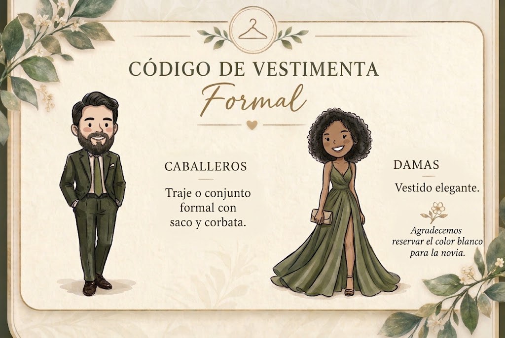 Código de vestimenta formal: los caballeros, traje o conjunto formal con saco y corbata; las damas, vestido elegante.